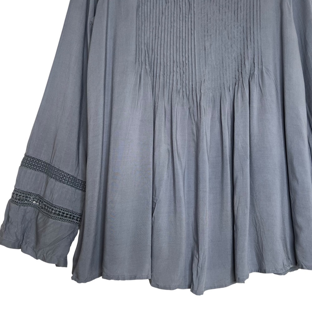 Sundance Catalog Pintuck Ling Sleeve Tunic Blouse Crochet Sleeve Dusty Blue SZ S - Picture 4 of 9